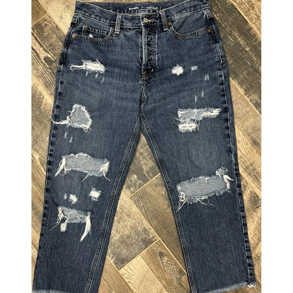 Old Navy High Rise Slouchy Straight Jeans Women's Button‎ Fly Destroyed Frayed 8